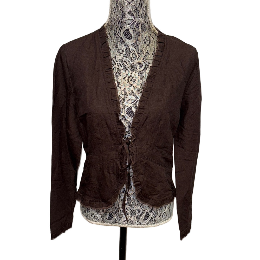 NWT Christopher & Banks Small Brown Linen Blend Tie Front Ruffle Blazer Jacket